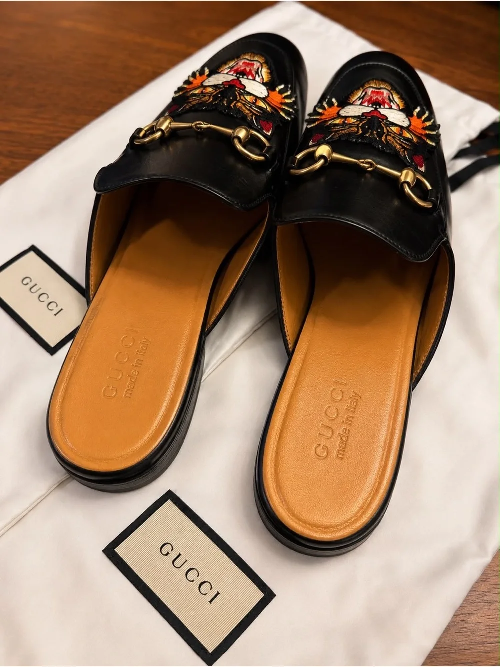 Authentic Gucci Princetown Tiger Embroidered Leather Mules Horsebit